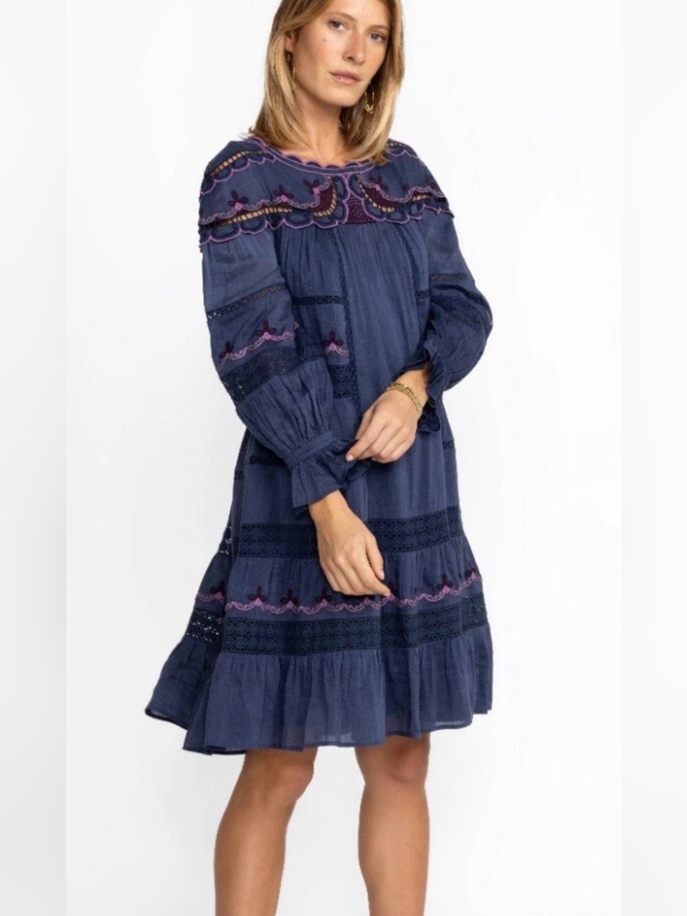 NWT $388 Johnny Was Jade “Reina” Blue Embroidered Tiered Linen Peasant Dress M